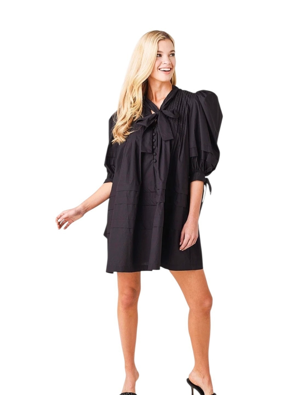 Hunter Bell New York Jenkins Black Puff-Sleeve Tie-Neck Mini Dress (Size M)